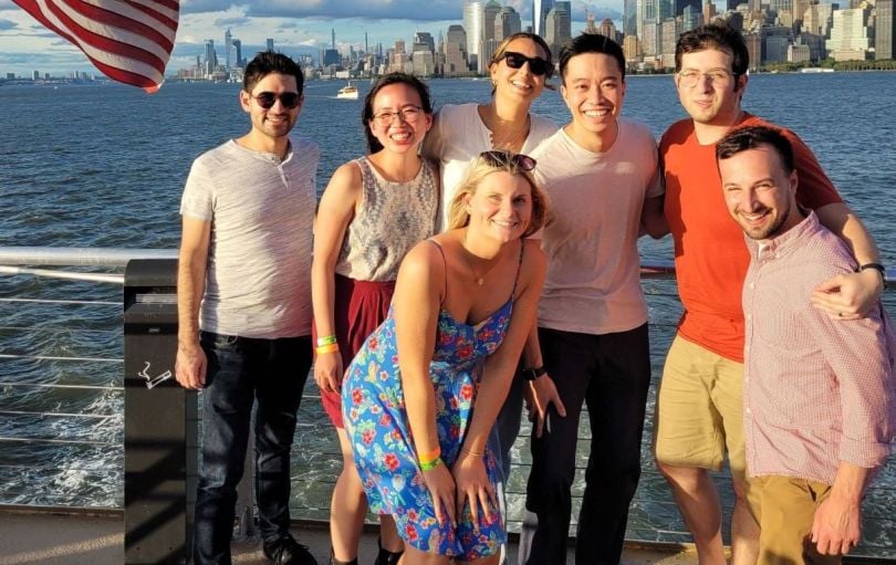 team on a boat outside