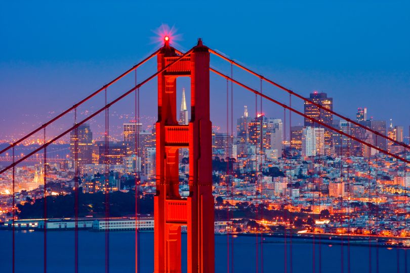 The Golden Gate bridge and the San Francisco skyline are pictured.