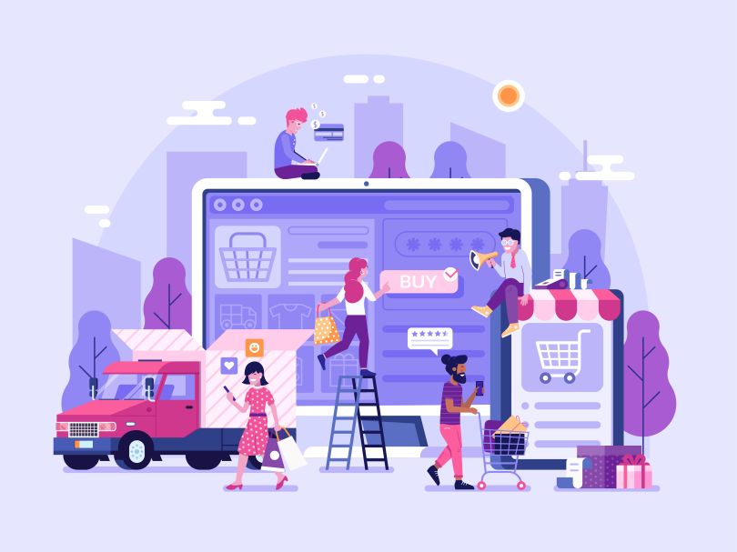 An illustration of people online shopping