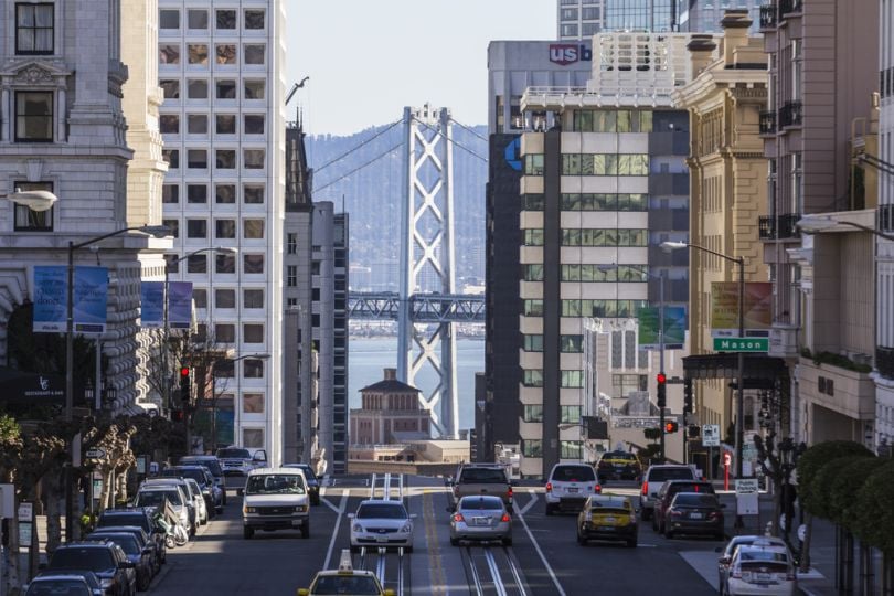 A peak at the Bay Bridge in downtown San Francisco.