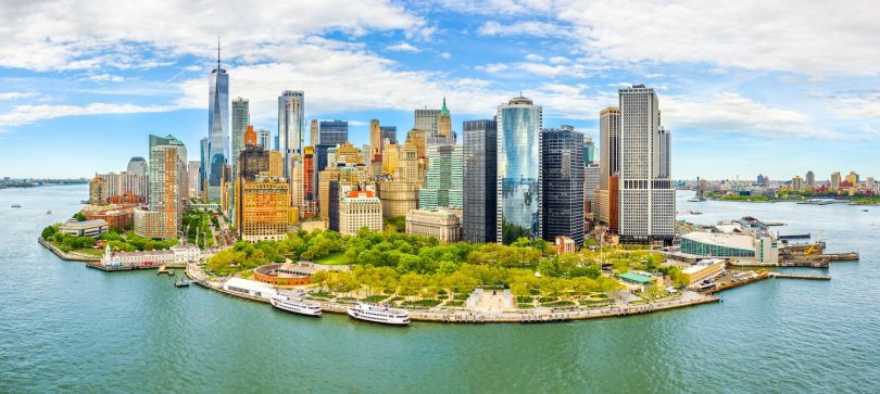 The New York City skyline from the water.
