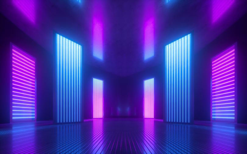 Neon pink and blue panels are pictured.