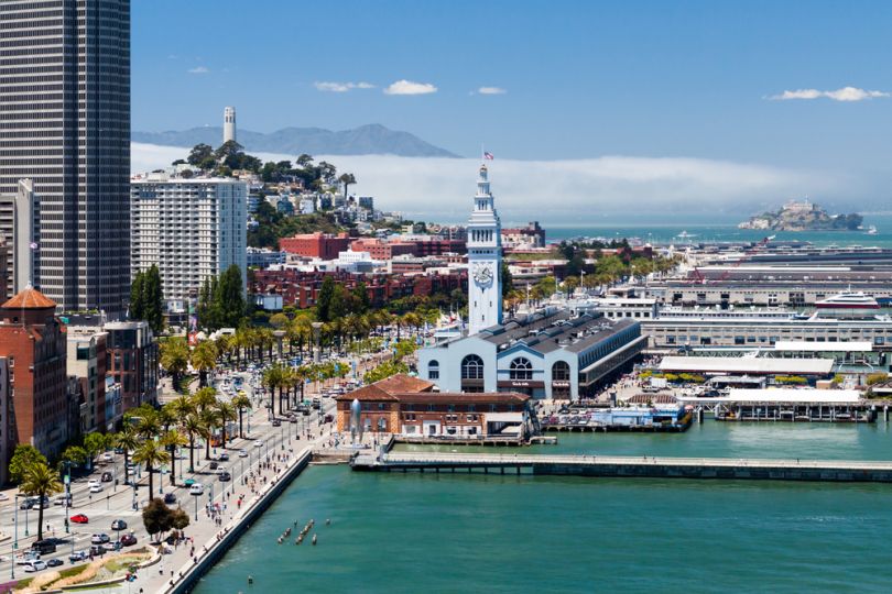 A look at the San Francisco Ferry Building, Coit Tower and Alcatraz.