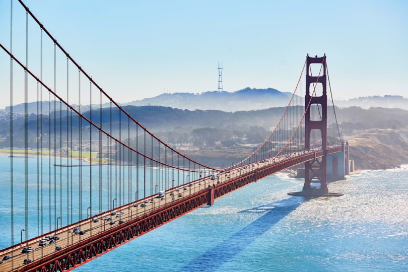 A look at Sutro Tower over the Golden Gate Bridge.