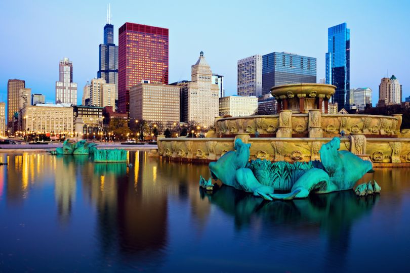 Chicago buildings shot behind fountain
