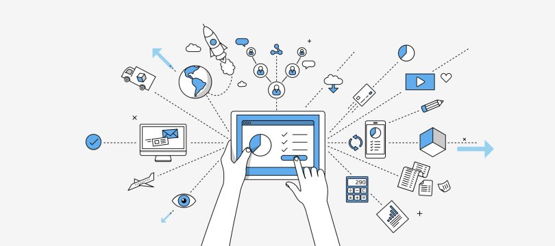 A graphic showing a tablet and all the tasks it can do