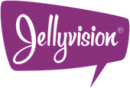 Purple speech bubble with "Jellyvision" in white cursive-like font