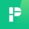 Parkade logo; a green background with a P shaped as parking spaces.